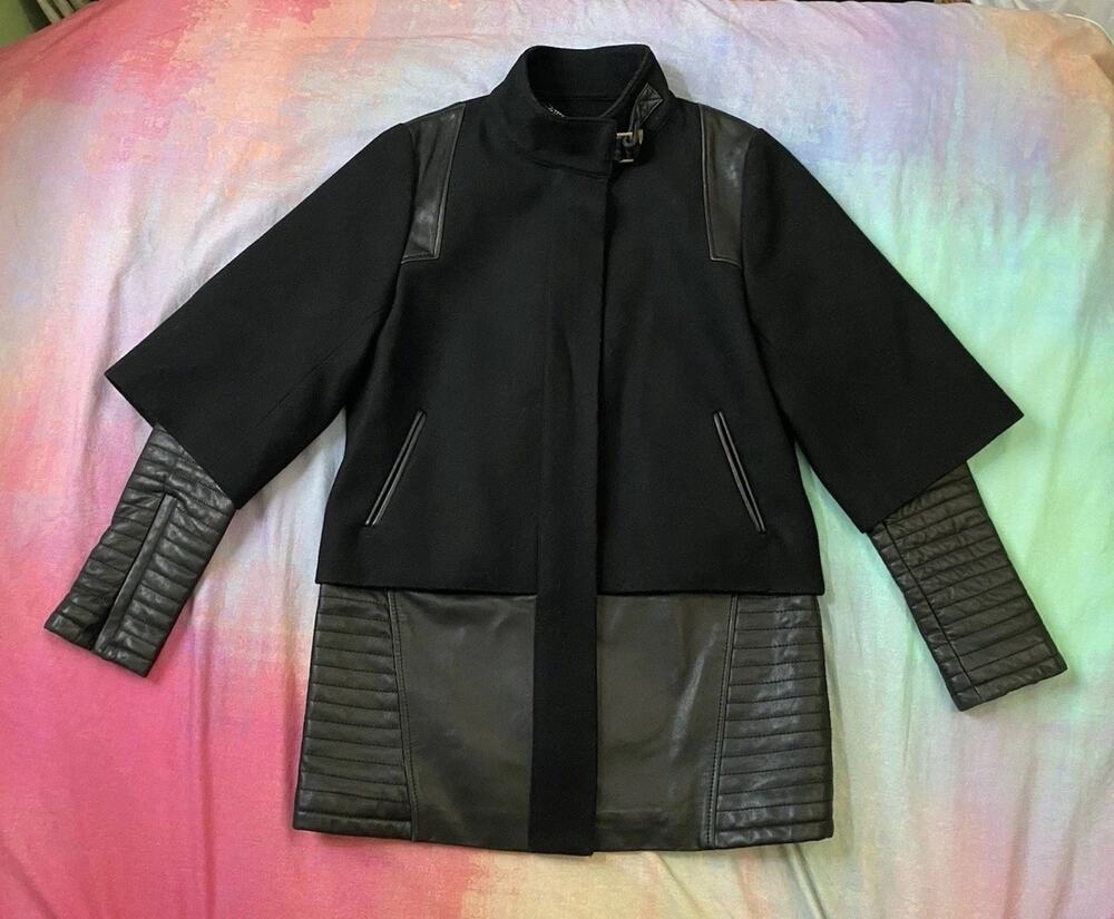 Badgley Mischka Coco Quilted Leather Winter Wool Coat Moto Wide Sleeves Sz S